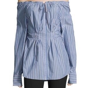 Tibi- Blue Stripe Longsleeve Off the Shoulder Garçon Top